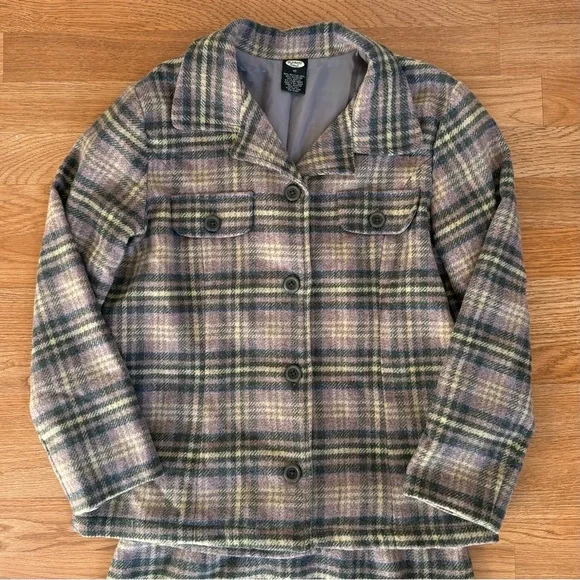 VINTAGE 90s OLD NAVY Lavender Purple Plaid Recycled Wool Jacket and Skirt - Picture 5 of 11